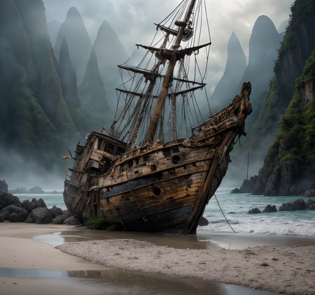 RAW photo, (masterpiece:1.3), subsurface scattering, heavy shadow, (high quality:1.4), (intricate, high detail:1.2), professional photography, HDR, High Dynamic Range, realistic, ultra realistic, photorealistic, high resolution, film photography, ambient lighting, atmospheric effects, <lora:detail_slider_v4:2>, OverallDetail,   <lora:Shipwreck:1>, beach, mountain, no humans, outdoors, scenery, ship, shipwreck, sky, water