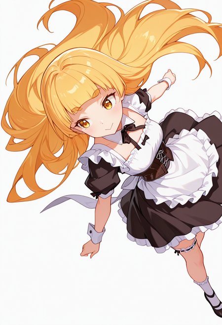 masterpiece,high quality details,absurdres, 
<lora:Shiraki_Hime:0.8>
hime_cnr, 1girl, blonde hair, very long hair, yellow eyes, blunt bangs, thick eyebrows,, simple background, white background, dynamic angle,solo,, :>,, corset top  ,maid apron,single leg thighhigh,  ,toe socks,