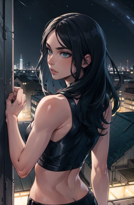 <lora:x-23v1:0.8>,  X23, midriff, city ruins, night  (masterpiece), (best quality:1.2), perfect lighting, close view, upper body, from behind, looking back fixing hair, rooftop