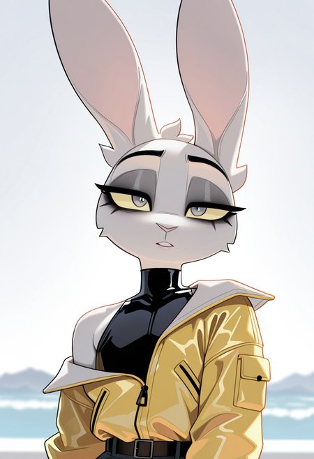 masterpiece, best quality, newest, highres,very aesthetic, absurdes, detailed eyes, beautiful, detailed background, perfect eyes, texi, 1boy, furry male, yellow_sclera, gray eyes, rabbit boy, otoko_no_ko, makeup, solo, off shoulder jacket