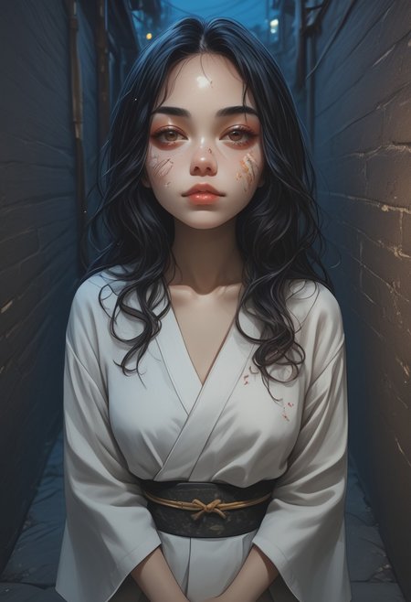 score_9, score_8_up, score_7_up, score_6_up, 1girl, solo, medium breasts, long hair, attractive, symmetrical face, soft structured facial features, (bruises and scratches:0.8), night, alleyway, dark, (egyptian:0.6), (brazilian:0.6), from above,  kimono, th3rm4l, colorful, thermal
