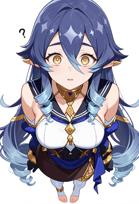 masterpiece,high quality details, absurdres,
 <lora:Layla:0.8>
layla_cnr, 1girl, blue hair,very long hair,drill locks, pointy ears, yellow eyes, hair between eyes, sidelocks,medium breasts,, simple background, white background, from above,solo,, horrified,confused,, sailor shirt  ,halter top ,godet skirt,  ,stirrup legwear,