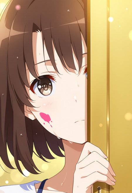 (solo), 1girl, m3gum1kat0, bangs, brown hair,pupils,brown eyes,short hair, ((detailed eyes)),
safe_pos , close-up portrait, cinematic framing, (digital painting:0.8), bokeh, depth of field , anime style, 
elegant, masterpiece, best quality, highly detailed, dramatic shadows,
peeking from behind door, yellow door, blue and gold reflection, wet messy hair, hand gripping door edge, splattered paint accents, artistic composition, bright yellow background, looking at viewer