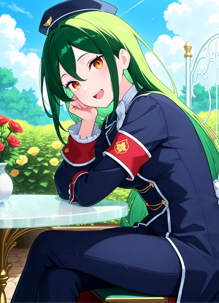 1girl, <lora:kncrusch_sn55:1>, crksn, green hair, blue hat, lower hair ribbon, dark blue coat, single armband, frilled sleeves, red ornament, blue pants, happy, sitting straight, open mouth,
looking at viewer, sitting in chair, single marble table, blue sky, clouds, garden, solo,
high resolution, ultra-detailed, absurdres, masterpiece, best quality, good quality, newest,