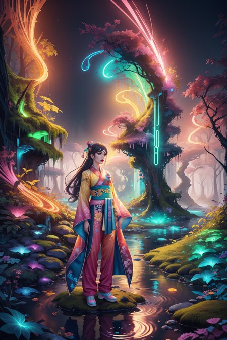 (centered) full body shot, (solo:1.1) woman in fantasy (forest:1.1) wearing (colorful HANFU COSTUME:1.1) (with pants) standing on a moss covered rock in stream, volumetric lighting, slight mist in the air  <lora:SD15_Nature_and_Technology:0.36>  <lora:Fluorescent_Lava_Cave:0.25>, subsurface scattering, ultra hd, 4k, high def, Photorealistic, Hyperrealistic, Hyper detailed, analog style, realistic, masterpiece, best quality, ultra realistic, 8k, Intricate, High Detail, film photography, soft lighting, heavy shadow, Color gradient of neon pink, neon blue, neon yellow, neon green