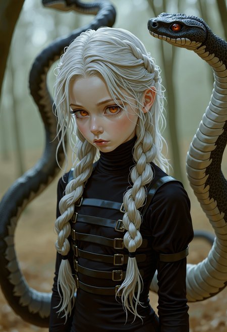 SWMS, young girl with flowing, silver-white hair intricately braided, her piercing red eyes partially obscured by loose strands. She wears a black, form-fitting military-style outfit with leather straps and intricate detailing. Surrounding her are large serpents, their scales glistening with a lifelike texture, eyes glowing a menacing red. Her hands, gloved in textured black leather, rest calmly at her sides. The atmosphere is tense, with soft, diffused light casting sharp, photorealistic shadows across her pale skin and the snakes coiled bodies. The background is a misty, abstract environment, enhancing her eerie and powerful presence. Every detail, from the weave of her braid to the fine scales of the serpents, is rendered with exquisite realism, making the scene vivid and lifelike., detailed drawing   <lora:FLUX - SWMSF - Styles for FLUX ( detailed drawing, swms ):1>