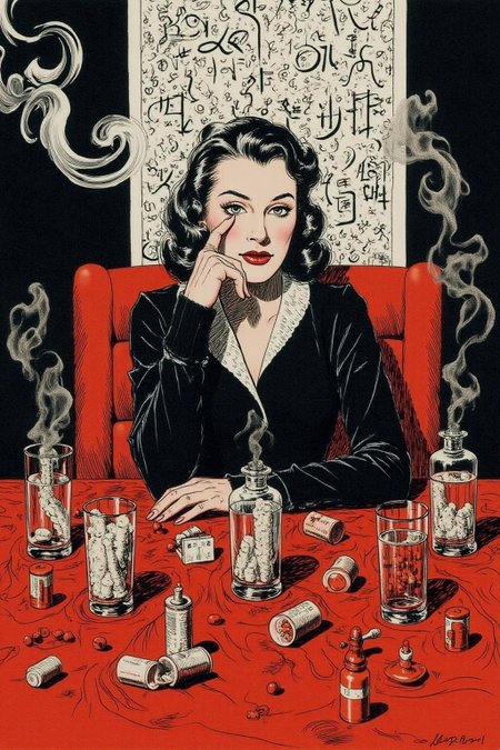 alexray1 drawing
Create a cinematic, surreal portrait of a woman seated at a cluttered red table, surrounded by mirrored reflections of herself. She wears intense red eye makeup that accentuates her expressive gaze. The scene is filled with translucent glass cups, pill containers, and small bottles, all creating an eclectic and moody atmosphere. Smoke rises around her, adding a dreamlike quality, while a wallpaper of hand-drawn symbols or calligraphy fills the background. The lighting is muted and soft, emphasizing a reflective and introspective mood with a retro, film-noir style  <lora:alexray1_nocap_d6a3:1.0><lora:815514693797075022:0>