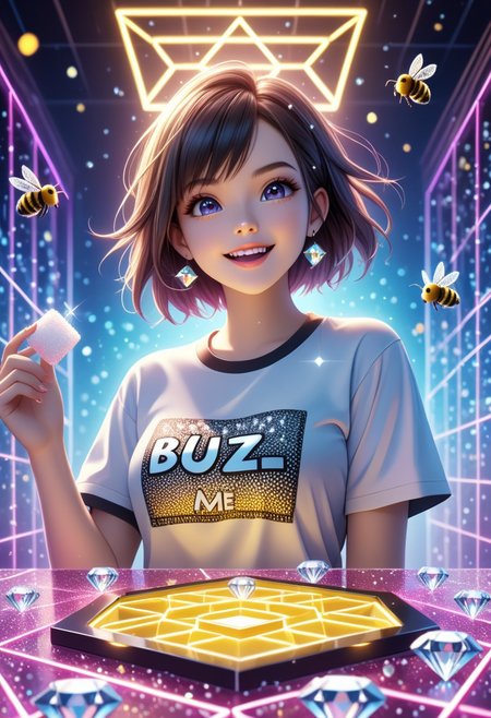 (masterpiece, best quality, absurdres, highres),  at exit of a mirror maze made of endless diamonds three bees are collecting sugar cubes, wearing a meshed t-shirt text "BUZZ", playful, electrical flashes, flashing light, bokeh, depth of field, comic image, neon color geometric background, asymmetrical composite, (in bold neon color shades:1.3),  perfect lighting, 4k, low-angle view, extreme long-shot, diamondMW