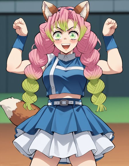 score_9, score_8_up, score_7_up, source_anime, <lora:mitsuri-kanroji-anime-ponyxl-lora-nochekaiser:1>, mitsuri kanroji, braid, gradient hair, green eyes, green hair, long hair, mole, mole under eye, multicolored hair, pink hair, twin braids, two-tone hair, large breasts, <lora:kitsune-dance-ponyxl-lora-nochekaiser:1>, kitsune dance, cheerleader, layered skirt, paw pose, fox ears, white belt, fox tail, baseball stadium, blue shirt, blue skirt, crop top, sleeveless shirt, midriff, blush, smile, open mouth,, cowboy shot,