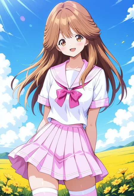 kawai_iyona, brown eyes, brown hair, long hair, school uniform, white serafuku, pink bowtie, pink sailor collar, pink skirt, thighhighs, zettai ryouiki, <lora:kawai_iyona_illustrious_ver1:0.8> 
smile, open mouth, 1girl, solo, (field:1.2), (blue sky:1.2), looking at viewer,, masterpiece, best quality, general,, (cowboy shot, dynamic pose:1.4),