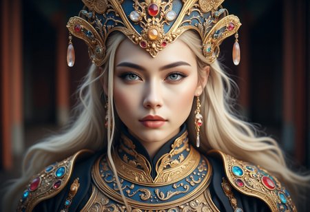 Create an image of an extremely beautiful Chinese woman, wearing a golden crown adorned with colorful gemstomes and jewels and intricate, ornate steel armor. The woman is standing in front of an ancient, very ornate and intricate Chinese Monastery. The image showcases her natural beauty, focusing on her flawless skin and delicate features. Her blonde hair is styled in an intricate and unique fashion, adding to her ethereal and timeless aura. The lighting enhances her features, creating a soft interplay of light and shadow, while the high-resolution quality captures every detail with photorealistic clarity. aidmaMJ6.1