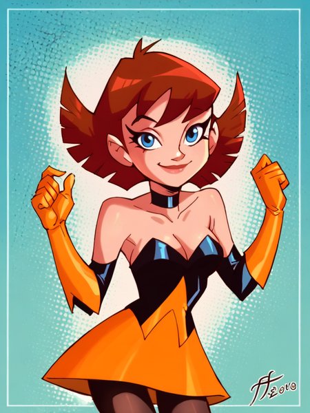 score_9, score_8_up, score_7_up, score_6_up, score_5_up,
Janet Van Dyne, 1girl, solo, short hair, gloves, dress, bare shoulders, blue eyes, black pantyhose, brown hair, choker, elbow gloves, makeup, strapless dress, gloves, strapless, dynamic pose
, 1girl, solo, looking at viewer, small closed-mouth smile, (from head to thigh):1.5
14-bis  <lora:14-bis-01:1> <lora:thewasp:0.75>