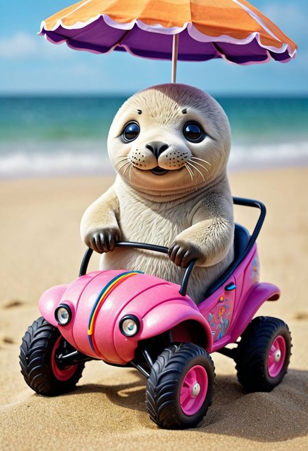 Capture the whimsical charm of a hybrid creature that combines the cuteness of a seal with the quirky fun of a beach buggy in astounding detail. The creature's body resembles a plump, fluffy seal, complete with big, soulful eyes and a playful, whiskered smile. Its sleek, streamlined form transitions seamlessly into the vibrant, colorful chassis of a beach buggy, adorned with oversized, cartoonish wheels and a cheerful, sunshade canopy. The buggy's headlights twinkle mischievously, adding a touch of humor to the scene. The creature's flipper-like paws rest comfortably on the buggy's steering wheel, exuding a sense of contentment and joy. The sandy beach backdrop is dotted with seashells, beach umbrellas, and frothy waves, enhancing the creature's adorable and endearing presence.