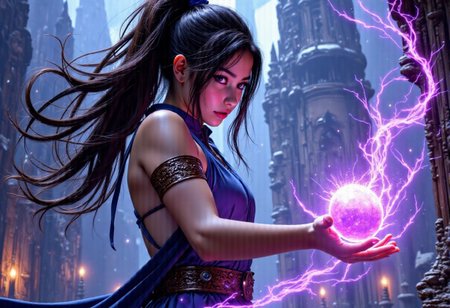 1younggirl, Masterpiece, 8k, ultra high detail, score_7 up, 
volumetric lighting, vivid colors, vibrant colors,  score_8_up, score_9,  very small breast size, very long open midnightblack hair with nightblue shiver,  fcNeg, stunning blue halfasian eyes, suntan skin, small nose, innocent beauty, slim face,  cute face, skinny body, perfect body, extreme detailed body, intence blue eyes,  perfect face, ultra high detailed face, perfect eyes, very petite, human ears, 
Innocent face, innocent beauty, 
Tan Poor Medieval fantasy clothes, ready to fight, 
using violett powerfull magic, magic violett lighting, highly concentrated, casting spell with both hands, 
Huge magical temple in background, fighting agains huge spider, surrounded by spider, spiderweb, 
Fighting agains monsters, using Powerfull magic, using attack magic, fighting scene, Final Attack, aura, magic, bright eyes,  BadDream, final magic attack, ultimate magic attack, energy aura, massive magic attack, 
Kamehameha-Charge,hands cupped together,bent elbows,arms on waist level, holding a glowing orb with massive energy vortex, massive intense magic vortex whirling around girl, mythp0rt, detailed hands,