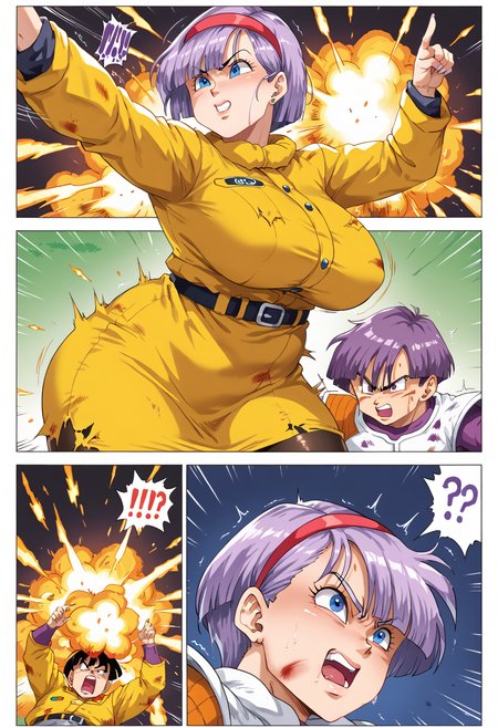 score_9, score_8_up, score_7_up, score_6_up, score_5_up, score_4_up, anime source,
 <lora:FComic_1to1000_Pony_V1:0.0>
<lora:DBBattle_Pony_V2:0.8>DBBattle, (duel:1.25), (comic:1.25), battle, emphasis lines, speed lines, motion lines, !?, !!, style parody,
Frame, Text, English Text, speech bubble, trembling, focus line, vibrating line, comic expression, Sound effect,
1 girl,  girl forcas, 2+ boys, Monster Boy, Creature Boy, Mutant Boy,
fighting stance, aura, simple backgraund,,
injury, torn clothes,
((explosion)),
Purple hair, bob cut,
<lora:bulmaxl3:1>bulmaxl, bulma, namek saga, breasts, short hair, blue eyes, yellow jacket, yellow skirt, pantyhose, belt, black pantyhose, selfie, red hairband,
(mature female:1), huge brests:1, shiny skin, oily skin, Thick thighs, voluptuous lower body,