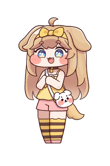 (trickcalcg), (chibi, chibi only:1.3), blush, blush stickers, 
1girl, solo, long hair, blush, smile, open mouth, blue eyes, simple background, shirt, brown hair, white background, thighhighs, holding, bow, animal ears, tail, full body, ahoge, :d, hair bow, hairband, shorts, virtual youtuber, fang, striped clothes, bag, chibi, collar, bell, :3, blush stickers, thick eyebrows, transparent background, striped thighhighs, dog ears, yellow bow, neck bell, camisole, dog tail, shoulder bag, handbag, dog girl, pink footwear, yellow hairband, pink shorts, yellow camisole, butter \(trickcal\), 
(masterpiece, best quality, absurdres, highres, newest, very awa:1.2), 