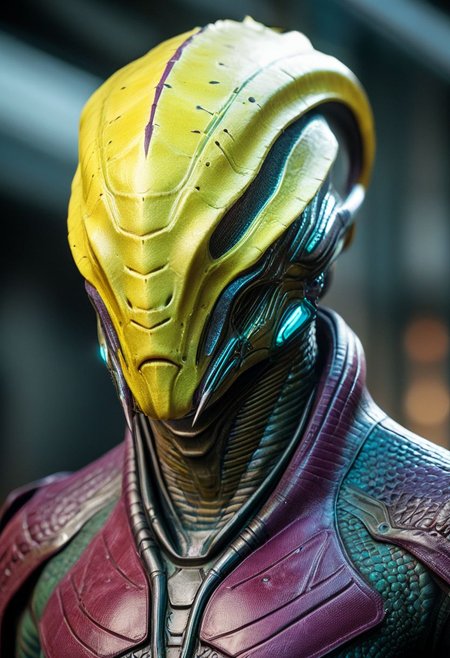 mass effect, ultra realistic, realism, aquatic, reptilian fish alien, Genestealer, cinematic, mechanical face mask, indentation, beveling, edge bevels,  wearing leather science fiction armor, (((without helmet))), (((no helmet))), exudes confidence and power, talons, claws, crustacean, Colors: yellow and turquoise and violet, volumetric lighting, realistic subsurface scattering  , cinematic low-key portrait photography, hyper detailed, texture, 8k, HD, UHD, perfect texture, featured on Artstation, top of Pinterest, (((no eyes)))