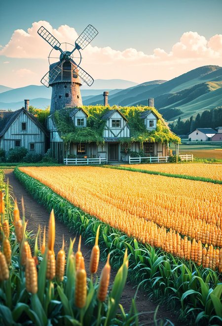 SmoothNoob_Quality, no humans, blue sky, farm, corn field, summer, field, garden, windmill, hill, horizon, house, landscape, grass, outdoors, overgrown, scenery, sky, wooden fence, <lora:Smooth_Booster:0.5>​​​