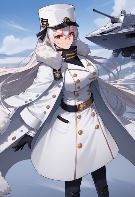 score_9_up, score_8_up, score_7_up, source_anime, extreamly detailed, beautiful detailed face, complex detailed background, 1girl, completely clothes, BREAK,
SOVETSKAYA ROSSIYA \(AZUR LANE\), SOVETSKAYA ROSSIYA REGULAR CLOTHES,  long hair, breasts, looking at viewer, large breasts, red eyes, gloves, hat, hair between eyes, very long hair, full body, white hair, boots, black gloves, belt, black footwear, uniform, coat, fur trim, buttons, white headwear, high collar, military hat, white coat, double-breasted, rigging, fur-trimmed coat