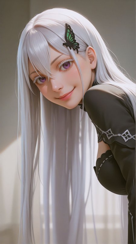 zPDXLxxx,score_9,score_8_up,score_7_up,realistic,masterpiece,best quality,perfect anatomy,very aesthetic,absurdres,
<lora:Quality tweaker_last:-2>,
<lora:Breast Slider - Pony_alpha1.0_rank4_noxattn_last:2>,
<lora:azurlaneXLP6lokrV4236T2:0>,
solo,blush,smile,
from side,from below,adjusting hair,arm behind head,bent over,
<lora:Echidna PonyXL Anzhc v1.6:1>,
echidna,purple eyes,white hair,hair between eyes,very long hair,butterfly hair ornament,
original dress,black dress,