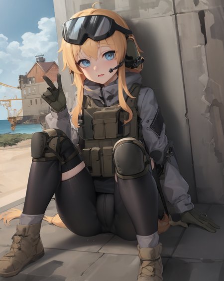 (extremely detailed CG unity 8k wallpaper),(masterpiece), (best quality), (ultra-detailed), (best illustration),(best shadow), (sharp eyeliner, eyeshadow, detailed eyes:1.1),
,BREAK
 whiskeyproject, bike shorts, blue eyes, load bearing vest, knee pads, helmet , goggles on headwear, 
<lora:WhiskeyProject:1>