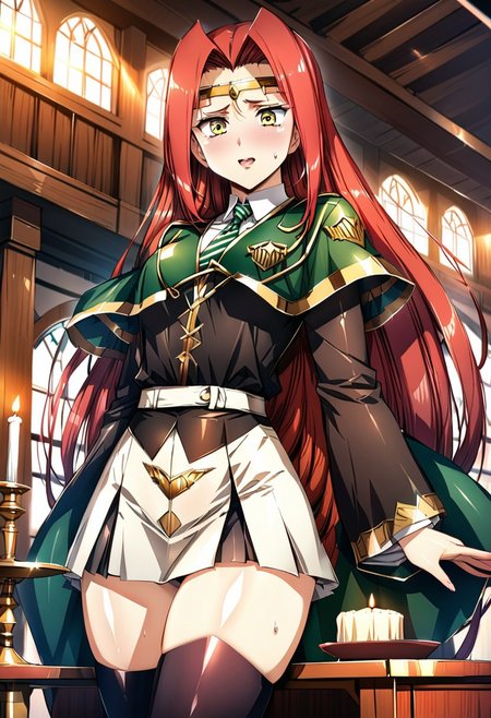 (best quality) , (highly detailed) , (best quality) , (highly detailed) ,((masterpiece)), ((best quality)), (ultra-detailed), ((extremely detailed)), (high resolution), 4K, (8K), best quality, (beautiful), (dynamic lighting), (super detailed skin), sharp focus, 1girl
<lora:fana_v1:1>,fana,circlet,red hair,yellow eyes, smiling, long hair
<lora:Fixhands_anime_bdsqlsz_V1:1>,
BREAK
wide sleeves, striped necktie, thighhighs, sweater, skirt, robe, hazy, wind, table, window, candle, aisle, great hall, hogwarts school uniform, 1girl, sweat, scared, shy, blush, slim figure, <lora:girllikeslytherin:0.8>, sitting  (((lustrous skin:1.5,bright skin: 1.5,skin,shiny skin,very shiny skin,shiny body,plastic glitter skin,exaggerated shiny skin,illuminated skin))),(detailed body,(detailed face)), Face Focus, Upper Body