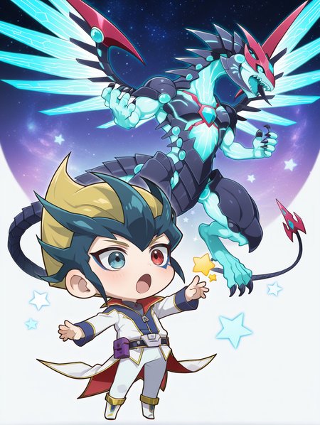 kite tenjo, galaxy-eyes photon dragon, 1other, 1boy, male focus, chibi, open mouth, white coats, grey high collar shirt, white boots, white pants, full body, facial mark, heterochromia, star \(symbol\), belt pouch, blue dragon
masterpiece,best quality,amazing quality,very aesthetic,absurdres,newest,<lora:Galaxy-Eyes Prime Photon Dragon illuXL v2.3:0.75>,