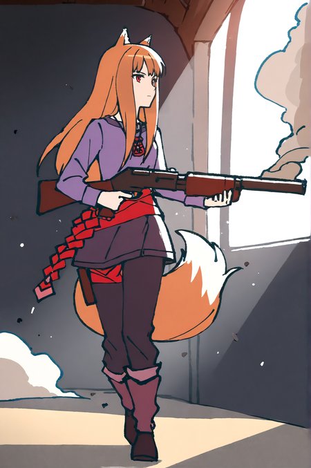 masterpiece, best quality, dark grey background, indoors, cinematic lighting, lens flare, flying debris, dust, smoke, amazing quality, very aesthetic, absurdres, best quality, newest, year 2023,  Holo, Main Outfit, solo, expressionless, aiming tactical shotgun, thigh gun holster, full body,   <lora:JN_Holo_Illus:0.8>