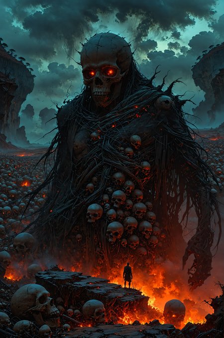Abstract painting by Zdzislaw Beksinski. A nightmarish wasteland stretches out endlessly, the ground almost entirely covered with countless skulls, each one bearing the marks of time and decay. In the center of this hellish landscape stands a desperate figure, clutching their head with both hands, teetering on the edge of madness. Their form is gaunt and distorted, as if the weight of the world is crushing their spirit. Surrounding the figure, the air is thick with a palpable sense of despair, as the skulls seem to whisper the torments of the damned. The sky above is a turbulent swirl of dark reds and blacks, with twisted, abstract shapes looming ominously, creating an overwhelming sense of dread. The entire scene is suffused with an eerie, otherworldly glow, casting long, haunting shadows that only deepen the feeling of inescapable terror. The composition captures the essence of a mind unraveling in a desolate, infernal landscape, where hope has long since been extinguished.
hyperdetailed photography, masterpiece, best quality, high quality, highres, ultra-detailed, best quality, 8K, high 
 <lora:DetailMaximizer:0.7> <lora:- SDXL - vanta-black_contrast_V3.0:0.66> <lora:MJ52:0.5> <lora:EpicF4nta5yXL:1>