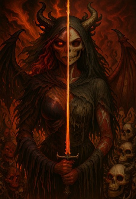 masterpiece, best quality, newest, absurdres, highres, 
DUSV1.0, split screen, split theme, dual persona, transformation, dark persona, holding sword, sword, holding weapon, holding, weapon,
1girl, red skin, red colored skin, demon girl, succubus, demon horns, horns, demon wings, demon tail, wings, horror (theme), monster girl, skull, skull mask, bones, skeleton, veil, veiled face, mask,