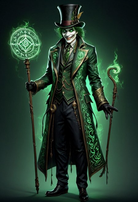 PEJoker, high quality, HD, full body, dramatic lighting, cinematic composition, detailed, glowing rune costume, dark green glowing runes, intense eyes, wide smile, concept art, trending on ArtStation, (dark, evening, (vignette))), wearing a tophat, holding an intricate cane