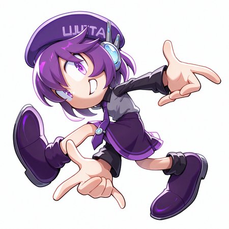 <lora:defoko_Illustrious_Mlaofmd-10:1.0>, <lora:Sonic_Adventure_Pose_Illustrious-000009:1.0>, masterpiece, best quality, high quality, depth of field, ambient silhouette, backlighting, 1girl, defoko, purple hair, purple beret, purple eyes, grey headset, grey shirt, black sleeves, purple necktie, purple skirt, purple boots, white background, simple background, sonic adventure pose, jumping, looking at viewer, grin, teeth, full body