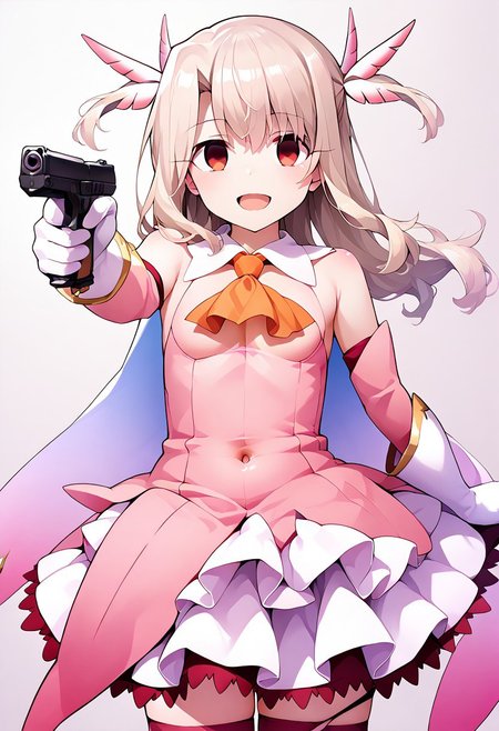1girl, solo focus, score_9, score_8_up, score_7_up, source_anime, rating_lewd, masterpiece, aaillya, long hair, blonde hair, two side up, hair ornament, red eyes, bare shoulders, magical girl, cape, orange ascot, pink shirt, sleeveless, detached sleeves, white gloves, white skirt, pink thighhighs, holding gun, handgun, aiming, aiming at viewer, empty smile, open mouth, empty eyes, torn clothes, cleavage, navel, cameltoe,