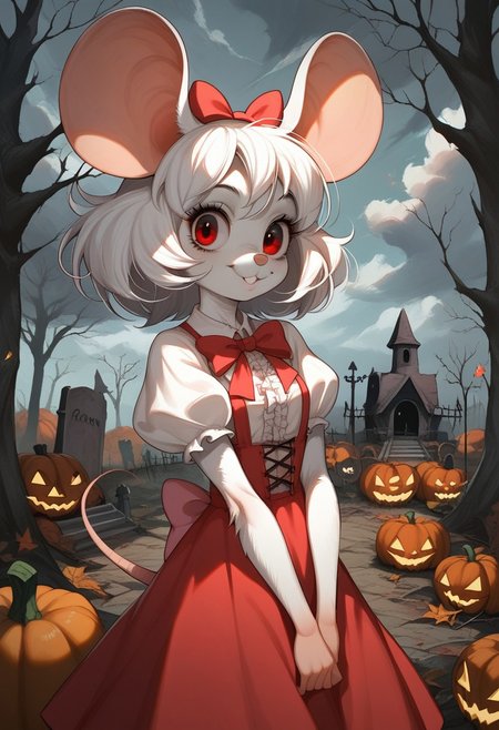 score_9, score_8_up, score_7_up, score_6_up,  
csr_Style, high quality, extremely detailed, cute, creepy girl, mouse girl, mouse ears, furry, mouse tail, mouse snout, mouse nose, Cartoon Type, long white hair, white fur, long ears ribbons, ribbons, witch dress, red eyes, close up, smile, looking at viewer, 
graveyard, dead trees, dark cloudy sky, pumpkins,