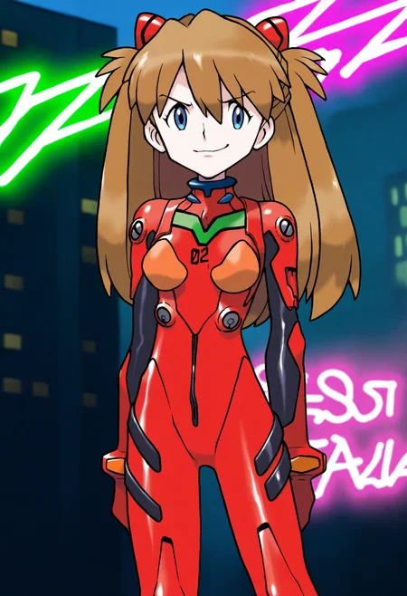 sugimori ken,
best quality, amazing quality, very aesthetic, absurdres,
BREAK
1girl, asuka langley, red plugsuit, standing, smug, looking at viewer, futuristic background, neon light , buildings, night,  <lora:KenSugimoriNoob_byKonan:1>