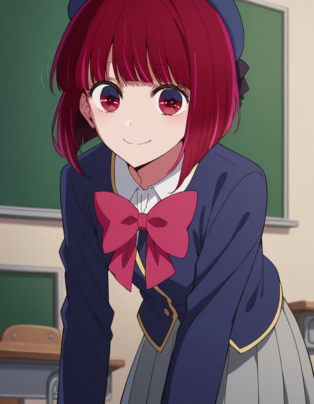 score_9, score_8_up, score_7_up, source_anime,
kanaarima, <lora:kana-arima-s1-ponyxl-lora-nochekaiser:1>,
kana arima, short hair, bangs, red eyes, red hair, bob cut, smile,
skirt, long sleeves, hat, bow, school uniform, jacket, pink bow, grey skirt, blue headwear,
indoors, classroom, bent over, smile,
looking at viewer, cowboy shot, dutch angle,