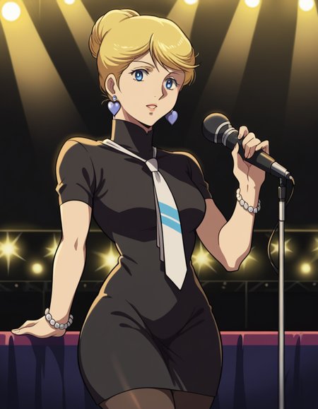 score_9, score_8_up, score_7_up, source_anime,
crowleyhamon, <lora:crowley-hamon-ova-ponyxl-lora-nochekaiser:0.7>,
crowley hamon, medium hair, blonde hair, blue eyes, hair over shoulder,
dress, jewelry, heart, pantyhose, earrings, necktie, hair bun, single hair bun, black dress, turtleneck, short sleeves,
stage, stage lights, microphone, microphone stand, singing, 
looking at viewer, cowboy shot, solo, dutch angle,