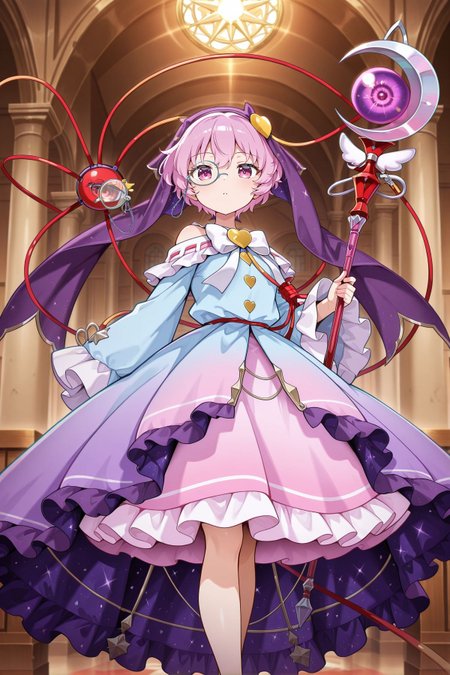 absurdres, highres, masterpiece, best quality, amazing quality, official anime artwork, screencap, anime screencap, looking at viewer, indoors, 
<lora:Komeiji-Satori_IllustriousV2:1> komeiji satori, 1girl, solo, pink eyes, pink hair, short hair, third eye,, komeiji satori \(astrological magical girl\), adapted costume, purple veil, monocle, monocle chain, heart hair ornament, off shoulder, white bowtie, yellow buttons, heart button, blue dress, frilled sleeves, long sleeves, wide sleeves, gradient dress, starry sky print, magical girl, pink skirt, holding staff,