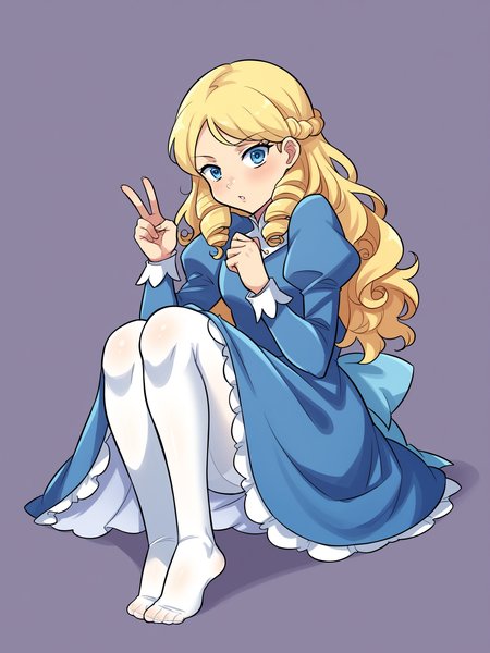 score_9, score_8_up, score_7_up, score_6_up, score_5_up, score_4_up, source_anime, <lora:Perfect Hands:1> Perfect Hands, <lora:PerfectEyesXL:1> perfecteyes, BREAK
1girl, solo,  <lora:Lost_One_Zero-000015:0.8> l1z, spiral curls, long hair, blonde hair, blue eyes, princess, blue dress, fine fabric emphasis, juliet sleeves, white pantyhose, no shoes, v,