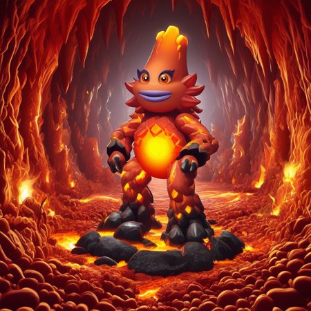 Amber on the background,Latex,KaynaMSM, fire-themed, glowing molten belly, rocky cracked outer skin, light yellow sclera, colored sclera, dark orange eyes, light purple eyelashes, light purple lips, big lips, orange tongue, colored tongue, no humans, pokemon (creature), smiling,beautiful,high-quality,solo,1female,lava,cave,