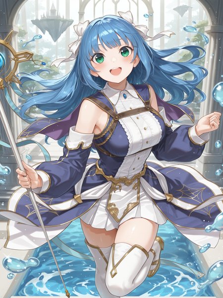 yukiko umino,1girl,solo,open mouth,smile,looking at viewer,:d,large breasts,blush,white hair ribbon,witch dress,blue detached sleeves,white thighhighs,staff,water,holding staff,smile,looking at viewer,gold footwear,temple,indoor,floating island,floating water,
masterpiece,best quality,amazing quality,very aesthetic,absurdres,newest,<lora:Yukiko Umino & Mei Kitaki & XXXX  5 in 1 illusXL v1:0.8>, <lora:Water Enchantress of the temple illuXL v1.1:0.7>,