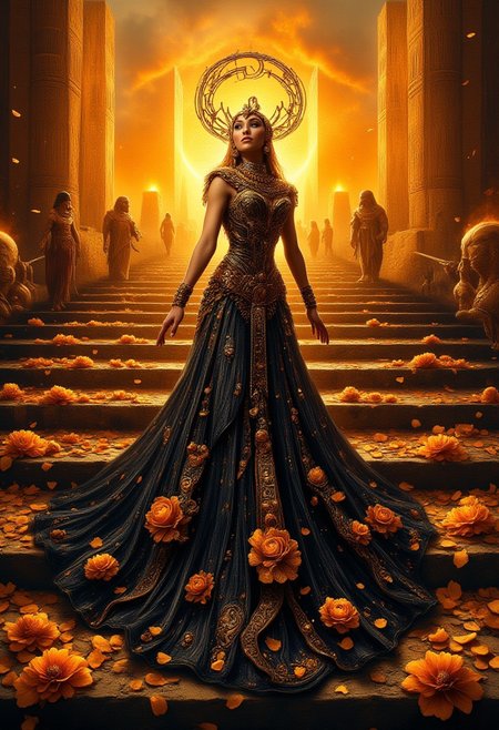 masterpiece, highly detailed, Egypt, female pharaoh, beautiful girl, in a lush dress made of black and golden flowers, with a long floral train ascends the pyramid, petals, sunset, extremely detailed, vivid colors, snstsplndrCE style, Egyptian dark fantasy, Egyptian mythology style, aidmamj6.1,