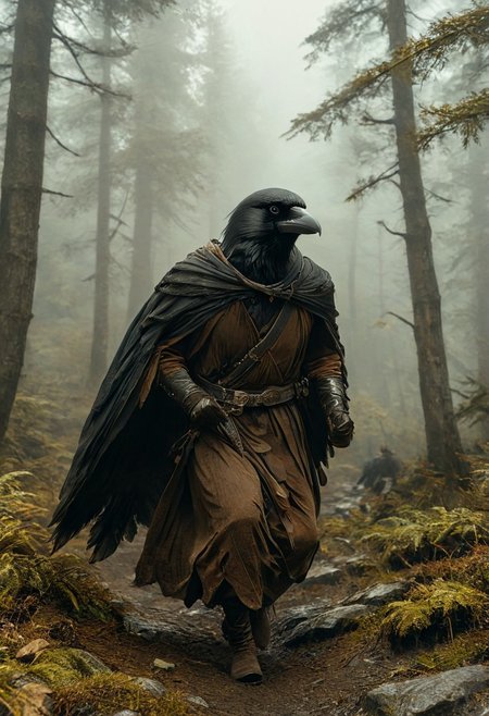 (masterpiece,best quality,ultra_detailed,highres,absurdres:1.2), DnD_Grainyboyz, (32k UHD:1.4),
BREAK
highly detailed photo of black corvidfolk running through forest, (dynamic pose:1.2), (fast running:1.3), motion blur, wearing brown robe, moody forest,
detailed background, (ancient dence forest:1.2), rocks, fog, (dramatic light:1.25)
<lora:neg4all_bdsqlsz_xl_V9:2><lora:dynposes3870:0.8>