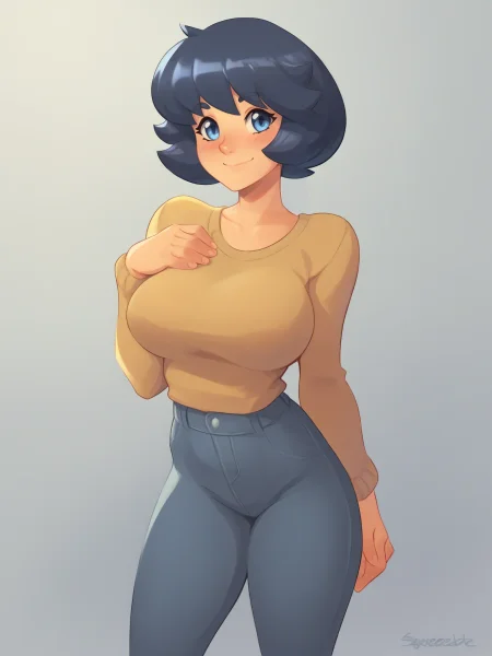 uncensored, score 9 up, score 8 up,
 <lora:Squeezable_Artist_Style_PonyXL:1>,blush, large breasts, smile, long hair, hetero, , blue eyes, short hair, 1girl, standing, looking at viewer,