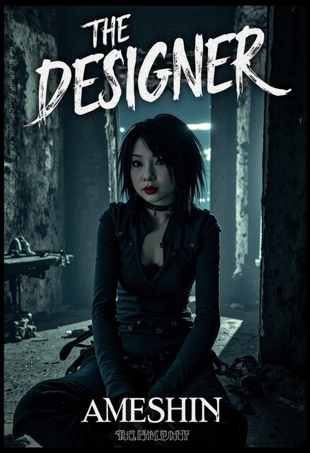 a high quality award winning sci-fi horror punk movie poster with a real movie still of Ameshin sitting in a dark dimly lit dystopian abandoned building with her hands on her lap, clitching a pencil with hardcore gritty text that reads: "THE DESIGNER"