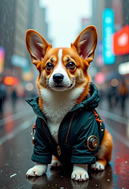 An adult corgi stands in a cyberpunk city, in the rain. He's wearing a cyberpunk style jacket. The corgi has an augmentation on his right eye and a lot of scars. Cyberpunk implants are visible on the corgi. A masterpiece, maximum detail, cinematography
