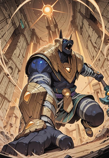 embedding:IllusP0s, codex sss chroma,
masterpiece, epic cinematic shot, absurdres, dynamic angle, action pose,
NASUSPDXL, 1boy, solo, male focus, mid-swing, unleashing a devastating overhead strike with his colossal runic staff-axe, the axe head glowing with intense green soulfire, ethereal soul essence spiraling from the ground into the weapon, ground cracking and shattering under the force, his eyes blazing with cold, blue cosmic light,
ARMOR, HELMET, BANDAGES, LOINCLOTH, GAUNTLETS,
amidst the ruins of a forgotten Shuriman city, raging sandstorm, pyramids silhouetted against a dying sun, dust and debris kicked up by the impact,
dynamic pose, foreshortening, extreme perspective
