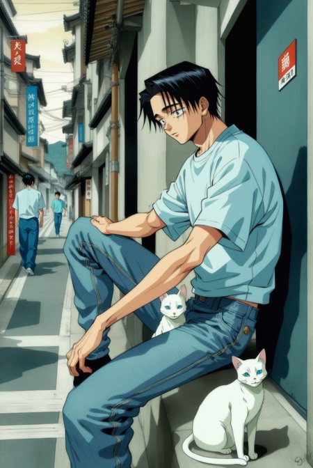 1boy, male focus, okkotsu yuuta, jujutsu kaisen , (90s anime style:1.5), front view, outdoors, street view, (looking down:1.3), perfecteyes, shirt, denim shorts, (a single white cat sitting next to them) <lora:detailed_notrigger:1> <lora:ParchartXL_CODA:0.2> <lora:Isometric Cutaway:1> <lora:PerfectEyesXL:1> <lora:Surreal Harmony:0.2>