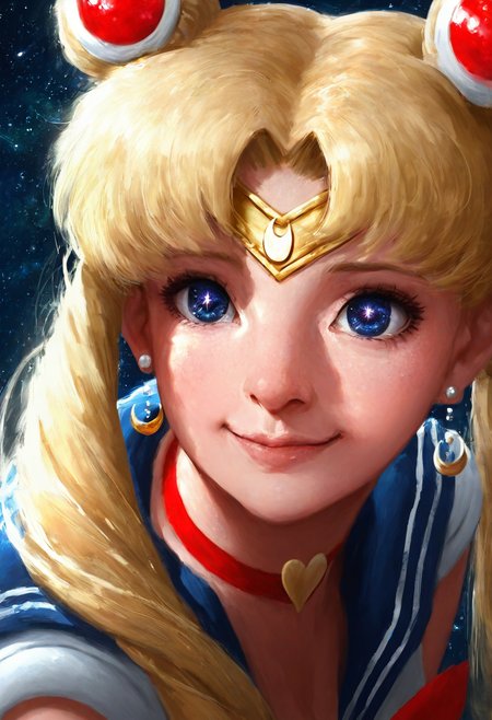 manzaneedostyle, masterpiece, dark_fantasy, hyper_realistic, painting,  best quality, detailed face, detailed eyes, sailor moon, blonde hair,  blue eyes,  dim backlighting,   smile, stars, v, closeup, faceshot,