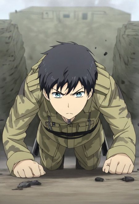 high resolution, solo, best quality, 1Boy, Arata Kaizaki, Black Hair, Blue Eyes, military, action, OverallDetail